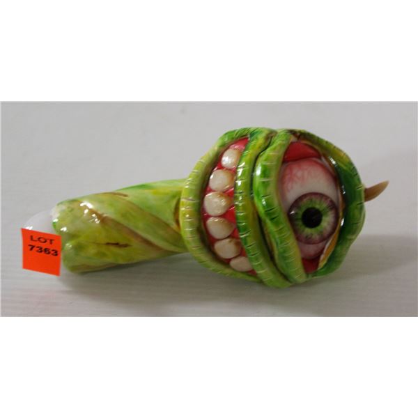 NEW 5" MONSTER FACE GLASS PIPE; GREEN/ YELLOW W/