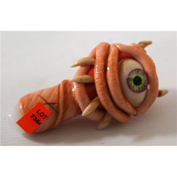 NEW 5" MONSTER FACE GLASS PIPE; RED W/ TEETH, EYE