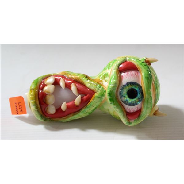 NEW 5" MONSTER FACE GLASS PIPE; GREEN/ YELLOW W/