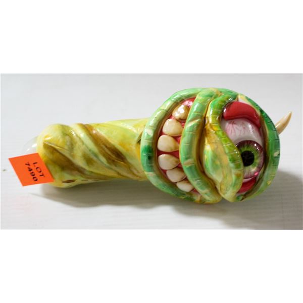 NEW 5" MONSTER FACE GLASS PIPE; GREEN/ YELLOW W/