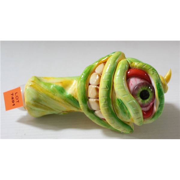 NEW 5" MONSTER FACE GLASS PIPE; GREEN/ YELLOW W/