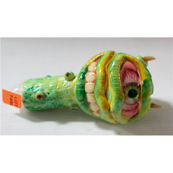 NEW 5" MONSTER FACE GLASS PIPE; GREEN/ YELLOW W/