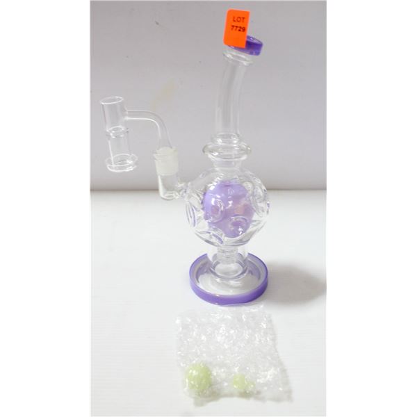 NEW 9" CLEAR / PURPLE ACCENTED GLASS ORB PERC BONG