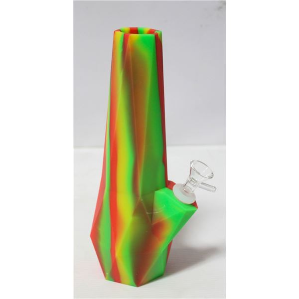 NEW 10" SILICONE BONG W/ GLASS BOWL; GREEN & RED