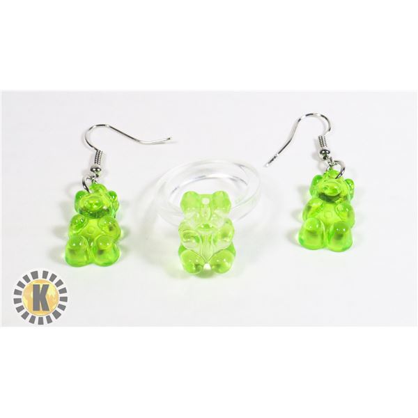 NEW  LIME  GREEN PLASTIC GUMMY BEAR RING & EARRING