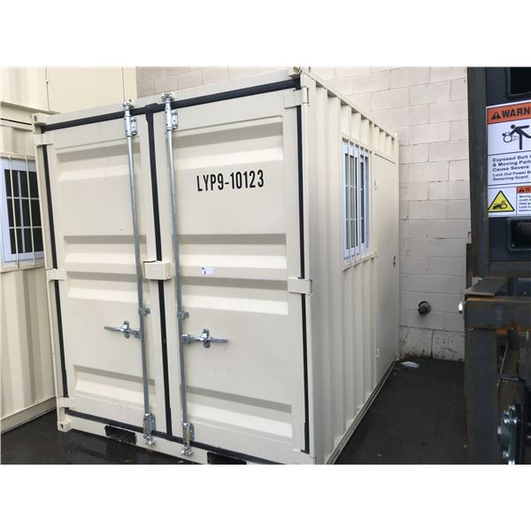 BEIGE PORTABLE OFFICE CONTAINER W87" X L108" X H99" WITH WINDOW AND LOCKING MAN DOOR
