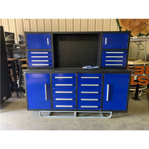 STEELMAN STAINLESS STEEL 18 DRAWER 4 DOOR WORKBENCH 67"H X 87"W X 23"D WITH ATTACHED HUTCH,