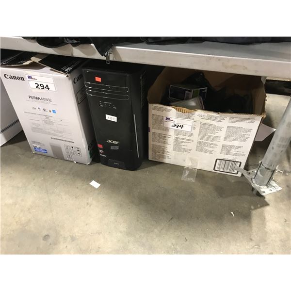 ACER ASPIRE DESK TOP COMPUTER (NO HARD DRIVE), CANON PIXMA MX492 WIRELESS PRINTER/COPIER/SCANNER,
