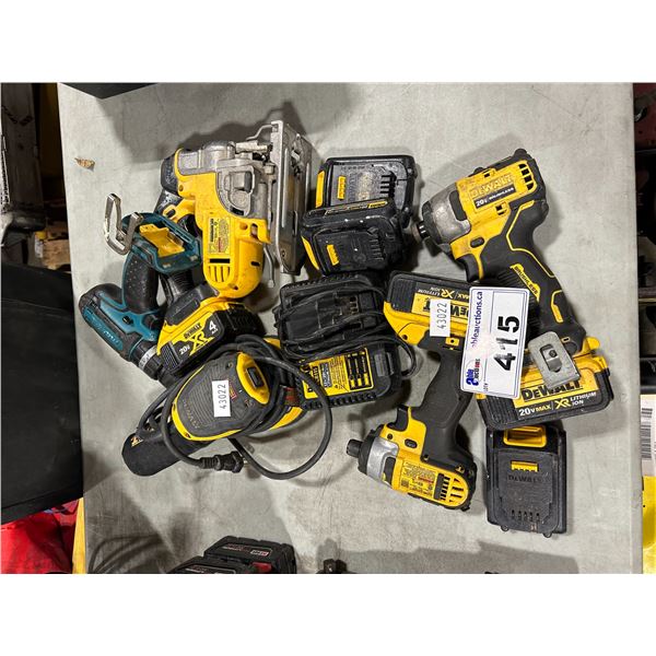 LOT OF ASSORTED DEWALT POWER TOOLS INCLUDING 2 CORDLESS IMPACT DRIVERS, CORDLESS JIGSAW, 6