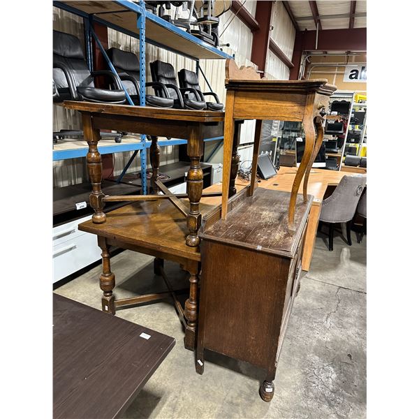 2 DARK WOOD ANTIQUE 35' SQUARE TABLE WITH 2 LEAFS, DARK WOOD ANTIQUE 2 DRAWER 2 DOOR SIDEBOARD,