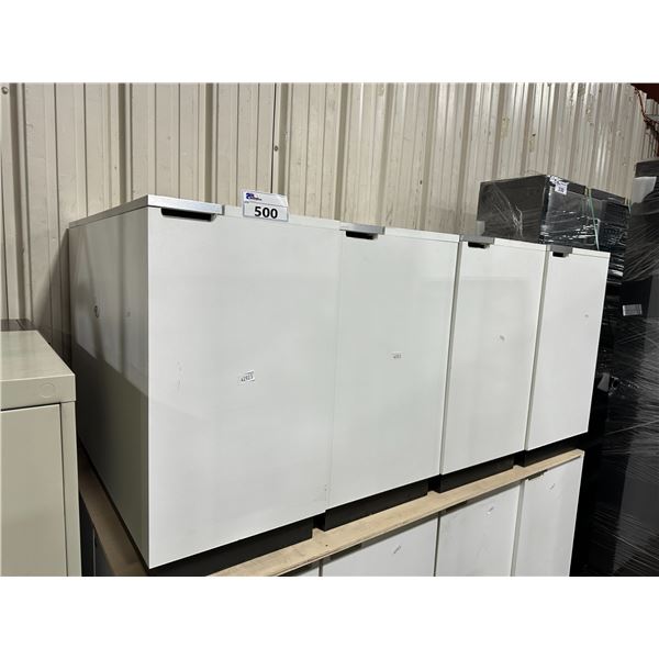 4 WHITE 2 DOOR STORAGE CABINETS 35.5" X 16" X 29.5"