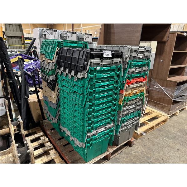 PALLET OF APPROXIMATELY 55 HEAVY DUTY PLASTIC STORAGE TOTES