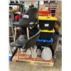 Image 1 : 3 BINS OF ASSORTED GLASSWARE, 3 BLACK LEATHER STYLE CHAIRS AND ASSORTED CONCRETE LOOK LIGHTING