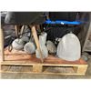 Image 2 : 3 BINS OF ASSORTED GLASSWARE, 3 BLACK LEATHER STYLE CHAIRS AND ASSORTED CONCRETE LOOK LIGHTING