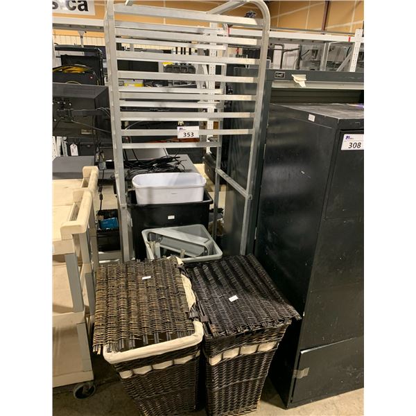 MOBILE ALUMINUM BAKERS RACK, 3 PLASTIC GARBAGE CANS, & 2 WICKER LAUNDRY HAMPERS