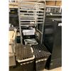Image 1 : MOBILE ALUMINUM BAKERS RACK, 3 PLASTIC GARBAGE CANS, & 2 WICKER LAUNDRY HAMPERS