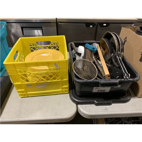 PLASTIC BIN WITH ASSORTED KITCHEN UTENSILS & YELLOW CRATE OF RESTAURANT PLATES