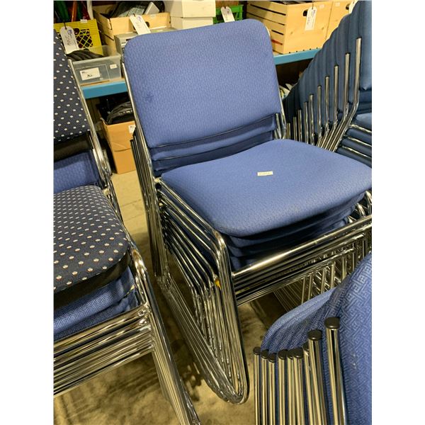 STACK OF 9 BLUE PADDED METAL FRAMED STACKING CHAIRS ( STYLE 2 )