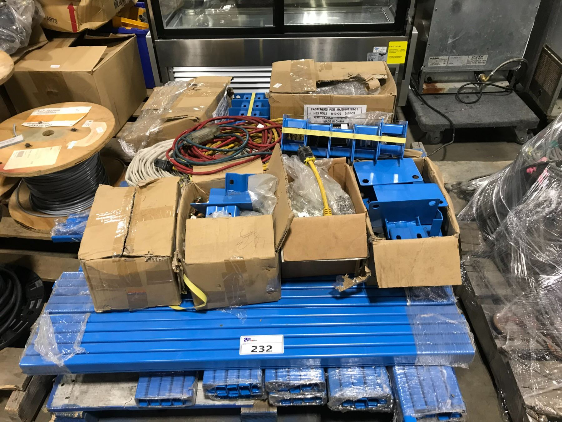 PALLET OF BLUE ADJUSTABLE RACKING PARTS, FIRE HOSE, ELECTRICAL CORDS ...