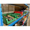 Image 2 : SHELF OF ASSORTED HAND TOOLS, PIPE WRENCHES, FLASHLIGHTS, CRIMPERS, SAWS, & ELECTRICAL ITEMS