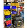 Image 1 : GREY METAL MOBILE PARTS STORAGE WALL WITH PARTS BINS, STANLEY PLASTIC TOOL BOX WITH PLASTIC SAW