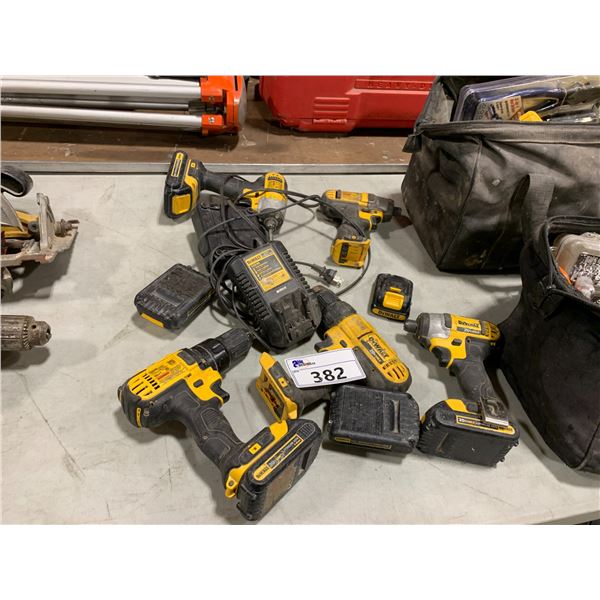 2 DEWALT 20V CORDLESS DRILLS, 3 DEWALT 20V CORDLESS IMPACT DRIVERS, 6 BATTERIES & 2 CHARGERS