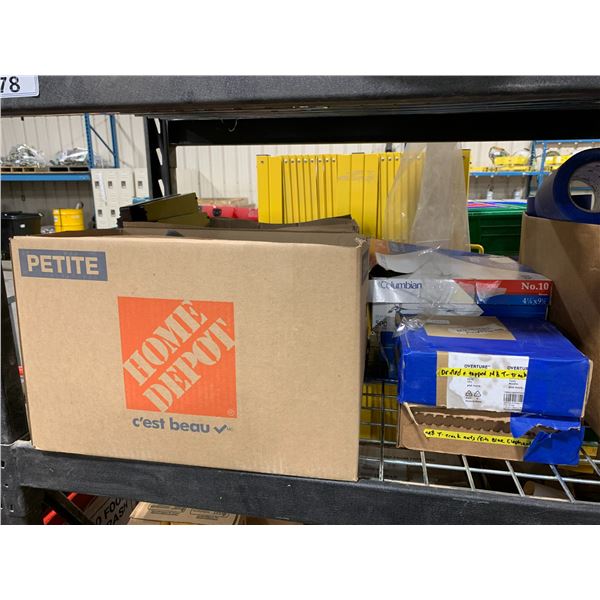 SHELF OF ASSORTED BOXES OF TAPE, STRAPS, MARKERS, JARS, FUNNELS & OFFICE PRODUCTS