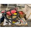 Image 1 : PALLET OF TILE CUTTER, WATER HOSE, CABLE PULLER, FLOORING & BOXES OF ASSORTED HAND TOOLS