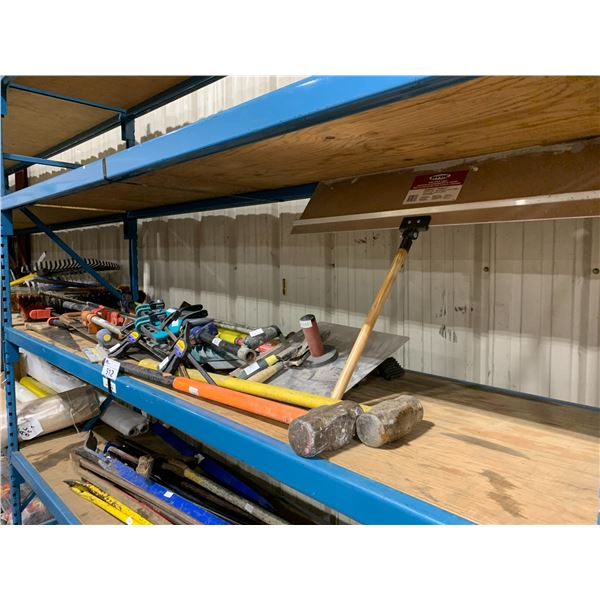 SHELF OF ASSORTED LARGE HAND TOOLS, SAWS, SLEDGE HAMMERS, & CLAMPS