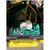 Image 2 : 3 PLASTIC BIN OF PAINTING TOOLS/ HARDWARE INCLUDING TAPING KNIFE, SPRAYER, LARGE SIZE GARBAGE BAGS,