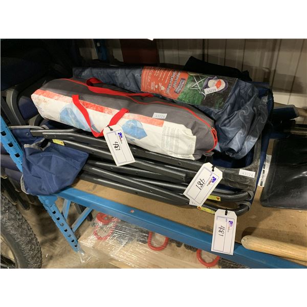 SHELF OF ASSORTED LARGE HAND TOOLS, FOLDABLE CHAIRS, BROOMS, VACUUM CLEANER, MOP, BOLT CUTTER,