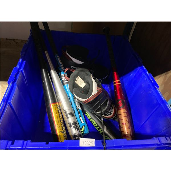 BIN OF ASSORTED BATS & SIZE 12 EXO SKI BOOTS ( BIN NOT INCLUDED )