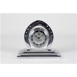 Vintage "GOOD LUCK" Chrome Horseshoe Mantel Clock with Stepped Base