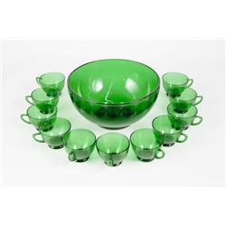 Vintage Lime Green Glass Punch Bowl with 11 Cups