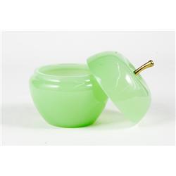 Art Glass Green Apple Jar with Lid and Brass Pull
