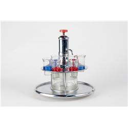 1930's Art Deco Liquor Dispenser With 6 Shot Glasses Each with Bakelite Band (as seen in BladeRunner