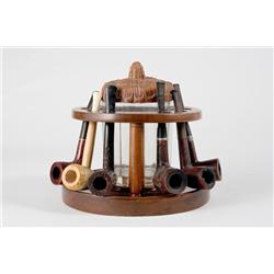 Round Swivel Wood Pipe Holder With Glass Humidor and Sirocco Wood Top