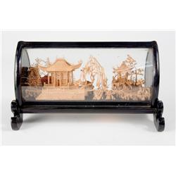 Hand Carved Chinese Miniature Village Sculpture in Enclosed Lacquered Case