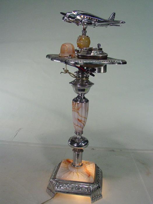 Vintage Art Deco Smoke Stand with Light, Marbleized Glass, Ashtray