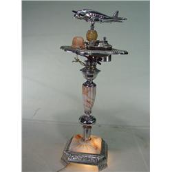Vintage Art Deco Smoke Stand with Light, Marbleized Glass, Ashtray, Lighter and Light Up Airplane
