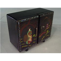 Vintage Black Lacquer Asian Style Jewelry Box with Mother of Pear Inlay