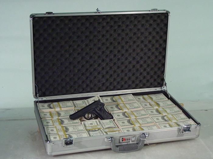"Gangster Package" Slim Silver Briefcase with Prop Gun and Prop Money