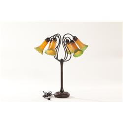 Art Nouveau Inspired Bell Flower Side Table Lamp with Colored Glass Shades