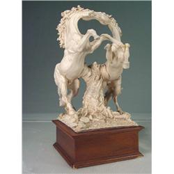 Sculpted Stallion Horse Pair on Oak Base 16" Tall