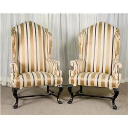 Vintage Pair of HIgh back Lounge Chairs with Stipped Fabric