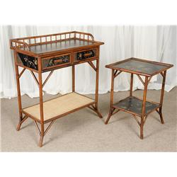 Asian Bamboo Console Side Table Pair with Painted Lacquer Tops