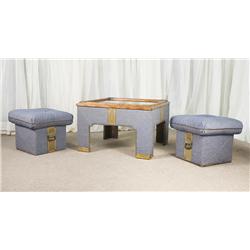 Vintage Modern Jean Covered ottoman Pair with Side Table 