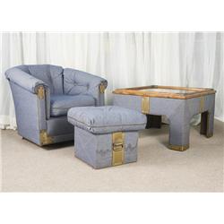 Vintage Modern Jean Covered ottoman foot rest with Side Table and Longe Chair 