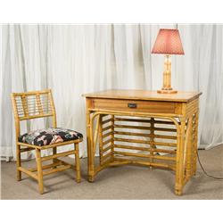 Vintage 1940's Tropical Rattan Style Desk Set with Table, Chair, and lamp