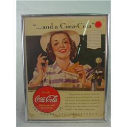 Small Chrome Framed Coca Cola AD  with Milk Shake Pin Up Girl 